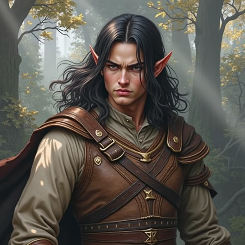 Young elf man, very short black hair, wearing leather breastplate and medieval clothes, angry, best high fantasy quality.