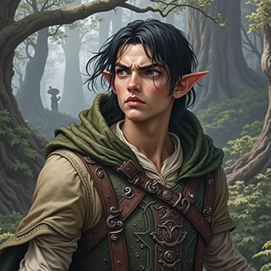 Young elf man, very short black hair, wearing leather breastplate and medieval clothes, angry, best high fantasy quality.