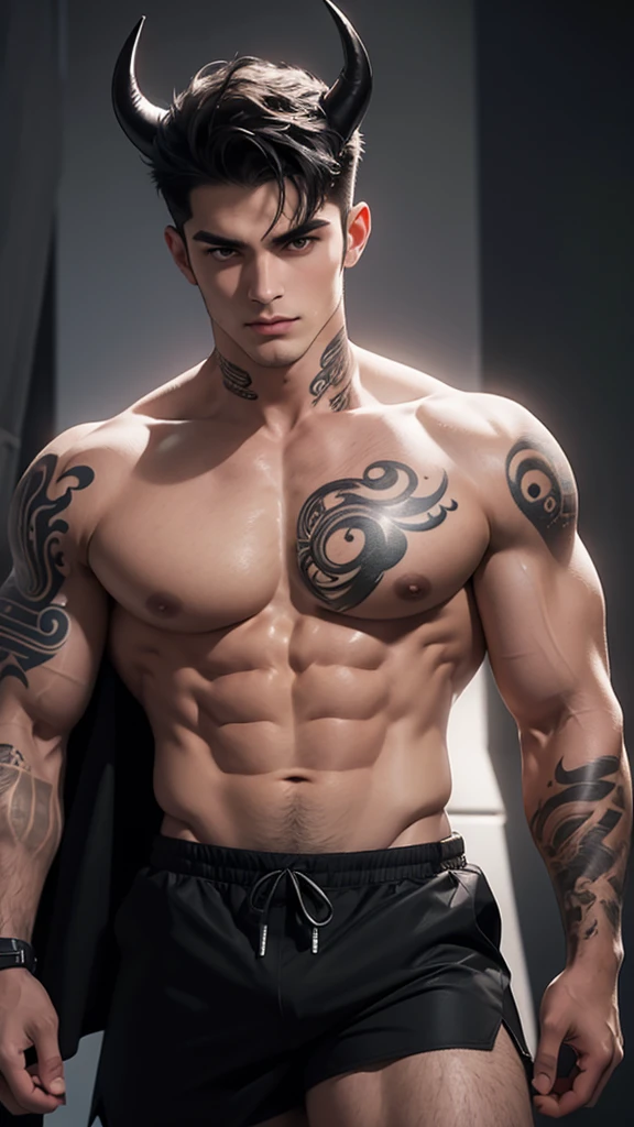 a muscular man, humanoid big bull costume with horns, black colour hair, short hairstyle, handsome detailed face, large , sexy lo looking directly at viewer, tattooed body, wearing black shorts, shirtless,