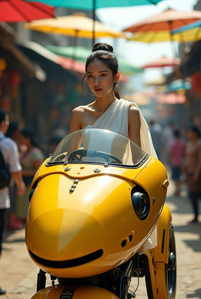Yellow spaceship robot in the shape of a blue mackerel machine with a glass cockpit. Thai female soldier wearing a Thai dress, white as a pilot. Background in the maeklong railway market, umbrellas, dynamic perspective, creative angle.