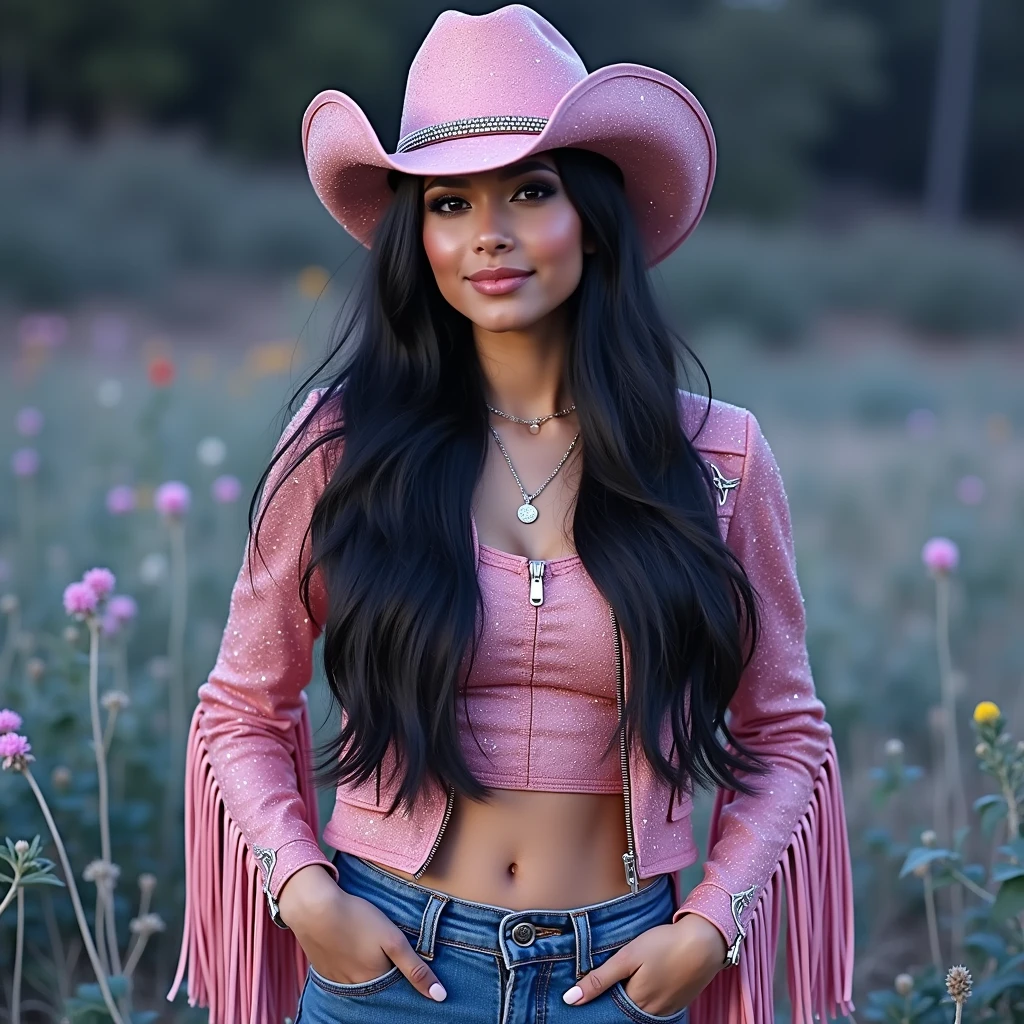 best qualityer, 8k. Extremely beautiful woman, country girl. She's wearing pink flared jeans with glitter., a pink jacket with sparkly fringes, and it's a pink hat with glitter. Their hair is black and long, bringing a modern and stylish touch to the country look." She is centered in the middle of the photo looking directly at the camera..