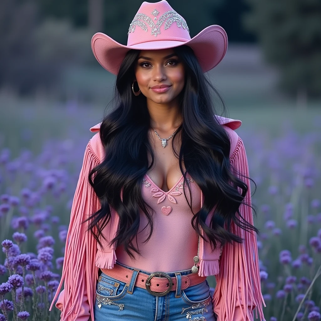 best qualityer, 8k. Extremely beautiful woman, country girl. She's wearing pink flared jeans with glitter., a pink jacket with sparkly fringes, and it's a pink hat with glitter. Their hair is black and long, bringing a modern and stylish touch to the country look." She is centered in the middle of the photo looking directly at the camera..