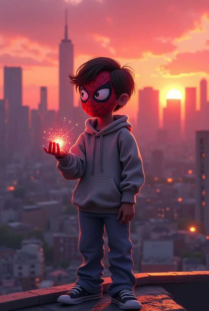 Lonely animated boy with a hand power and wearing a Spiderman mask on his face, casually dressed. 