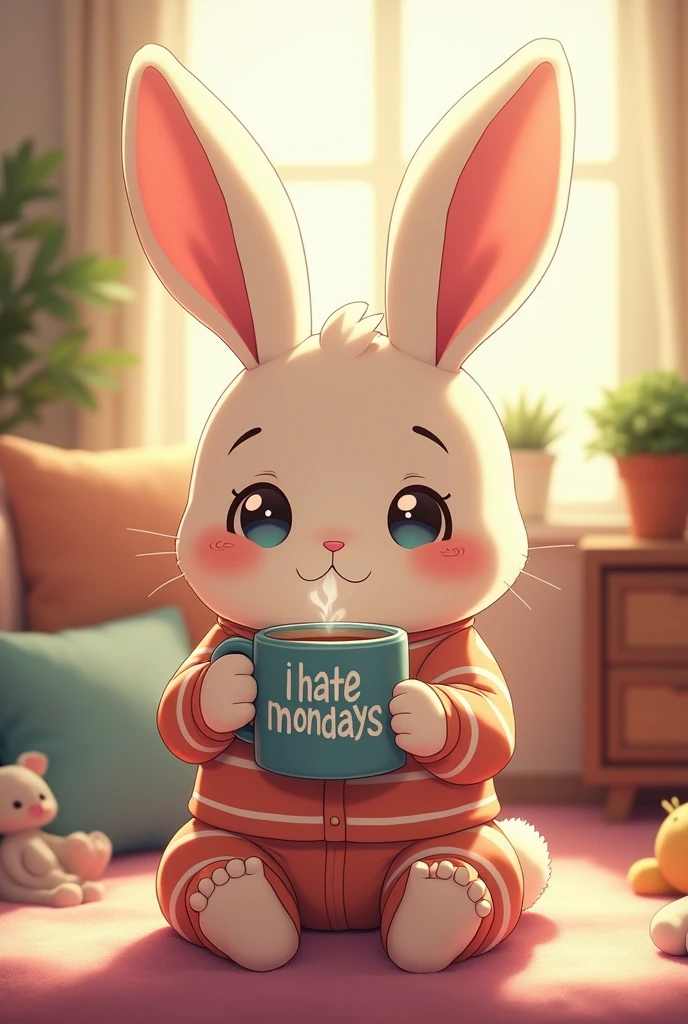 The rabbit is wearing pajamas and just woke up and looks a little tired he is holding a mug of coffee it says on the mug I hate Mondays he is in his house in his living room the image has to be in anime