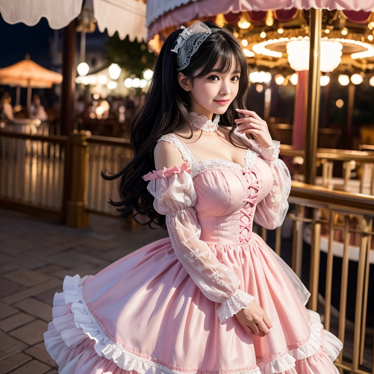 Side shot, Mature, , 41 year old woman, Bow at the back of the waist, Skirt length to calf, cupcake dress, Layered skirt with lace on each layer, Wear a TA dress, layered dress, Pink lolikirt, lots of lace, Long sleeve, Wide sleeves, Big skirt, layered lace skirt, Puff sleeves, Wide sleeves, Transparent sleeves, intricate details showcase the ruffles and intricate designs of the Lolita d, Wearing a lolita dress the amusement park, at disneyland, The background is a carousel, best quality, Delicate face,beautiful visual work, lifelike, eternity, black hair, Long curly hair, blunt bangs, Smile, Detailed Background, Delicate face,blush,cold,((masterpiece))、(top quality)、8k、high detail、Super detailed,41-year-old female, masterpiece、born、Scenes resembling fairy tale illustrations、intricate details和複雜的設計、Beautifully、magic、capricious、 Beautifully、Dream aesthetics、「𝓡𝓸𝓶𝓪𝓷𝓽𝓲𝓬、ethereal、charming、fickle、magic」、realism、Visual effects、FXAA、SSAO、Shader、voiceless、ambient lighting、Tone mapping、High resolution、Ultra high quality、Million pixels、(8K resolution:1.10)、8k、8k以下、8K resolution、high detail、intricate details, (high quality:1.2、masterpiece:1.2、:1.21)、(41-year-old female:1.21)、(興奮地Smile)、(Surrounded by a dreamy atmosphere、Model diagram,full-body shot,Normal 2 feet,Put your hands behind you,The protrusion of the breast is visible when wearing clothes, Large Breasts, H cup chest, pink clothes, Don't show your fingers, full-body shot, full-body shot,full-body shot,full-body shot,full-body shot,full-body shot,full-body shot,full-body shot,hands hidden in clothes, hands hidden in clothes,hands hidden in clothes,hands hidden in clothes,hands hidden in clothes,hands hidden in clothes,hands hidden in clothes,hands hidden in clothes,hands hidden in clothes, ,hands hidden in sleeves ,hands hidden in sleeves ,hands hidden in sleeves ,hands hidden in sleeves ,hands hidden in sleeves ,hands hidden in sleeves ,hands hidden in sleeves ,hands hidden in sleeves, arms behind back, arms behind back, milf, mature women