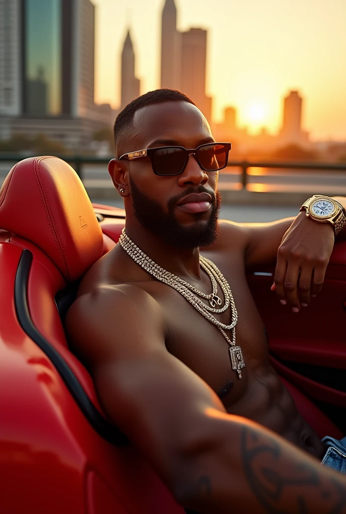 A rapper sitting in a red Ferrari, with a shiny chain around his neck and a gold watch on his wrist