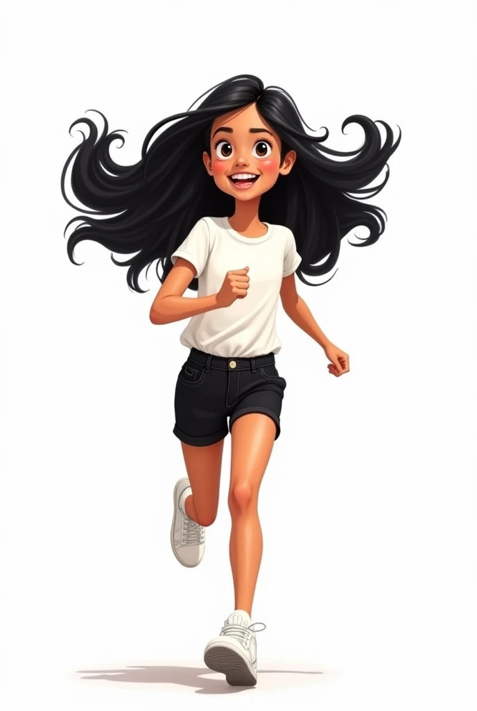 
  illustration of an avatar of an 8 year old Latino girl named lucy with long black beautiful hair ,wearing a white top and black shorts with white sneakers ,plain white background, isolated on white,running