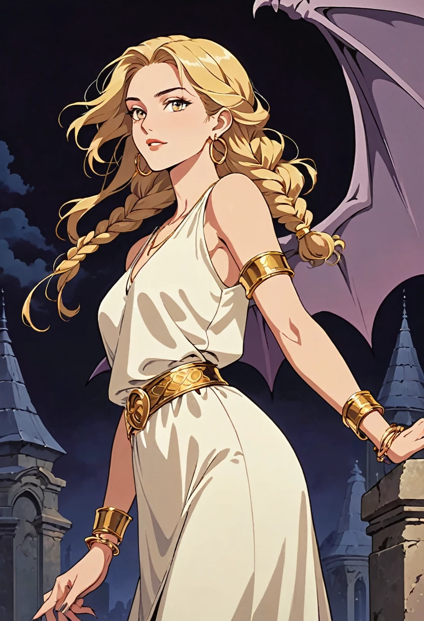 1990s gargoyle in the animation style of Gargoyles: The Goliath Chronicles. female gargoyle character with a humanoid form, lavenderskin, and bat-like wings. She has a sleek, build with sharp claws on her hands and feet, pointed bat-like ears, and a long, slender tail. Her face is sultry with large, almond-shaped eyes, a defined nose, and a soft jawline. She wears a cream-colored tunic with a golden belt at the waist, along with gold hoop earrings and a gold bracelet. Her golden blonde hair is voluminous and styled in a braid that falls down her back. The setting should have a night-time, gothic atmosphere with dramatic shadows to highlight her confident and poised stance.