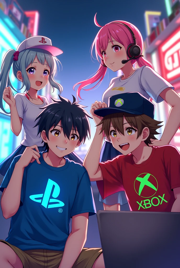 Une fille avec le logo Playstation, un garçon avec le logo Xbox, une fille avec le logo Nintendo, et un garçon avec le logo steam pourtant sur ses mains un ordinateur portable et un casque sur la tête anime