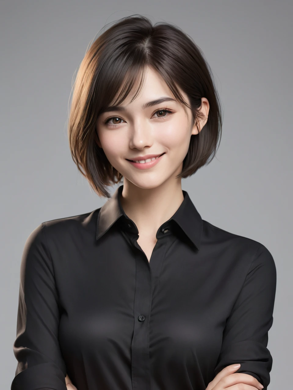 Create a female character, young adult, with soft and friendly strokes. She has fair skin and short hair, smooth ass, and dark. your eyes are brown, expressive and convey serenity and confidence. His smile is subtle, demonstrating a balanced and welcoming personality. She wears a stylish black shirt, which complements her professional and modern style. Her expression reflects wisdom and professionalism, but also accessibility and kindness. fully body.
