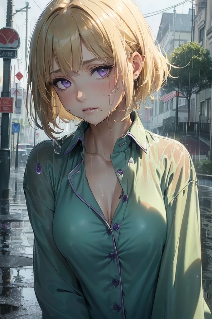 ((Very short hair)), (Amazing art, perfect, master quality, extreme detail, amazing eyes), (((raining, heavy rain, soaking wet, very wet, drenched, lots of rain drops), ((depressed purple eyes)), Wearing nothing but her buttoned pyjama top, (short caramel-blonde hair), pyjama top soaked to her skin, (Very dark image, very dark nighttime, barely illuminated, single dull amber light source), (soaking wet, drenched with rain, raindrops, heavy rain, lots of rain), ((soaking wet hair, hair clinging to her face, dripping wet hair, water dripping off her soaked hair)), 1girl, completely naked but for a teal coloured buttoned-up pyjama top, Street, path, pavement, sidewalk, town, nude, stunning purple eyes, Bright eyes, B-cup breasts, slender body, short hair, outside, comfy pyjama shirt, the sole source of light is an amber street light, street, pavement, town, pyjama shirt is very short, short buttoned pyjama top, detailed Pyjama top, very small chest, petit, B-cup breasts, buttoned shirt from top to bottom, tiny tits, 