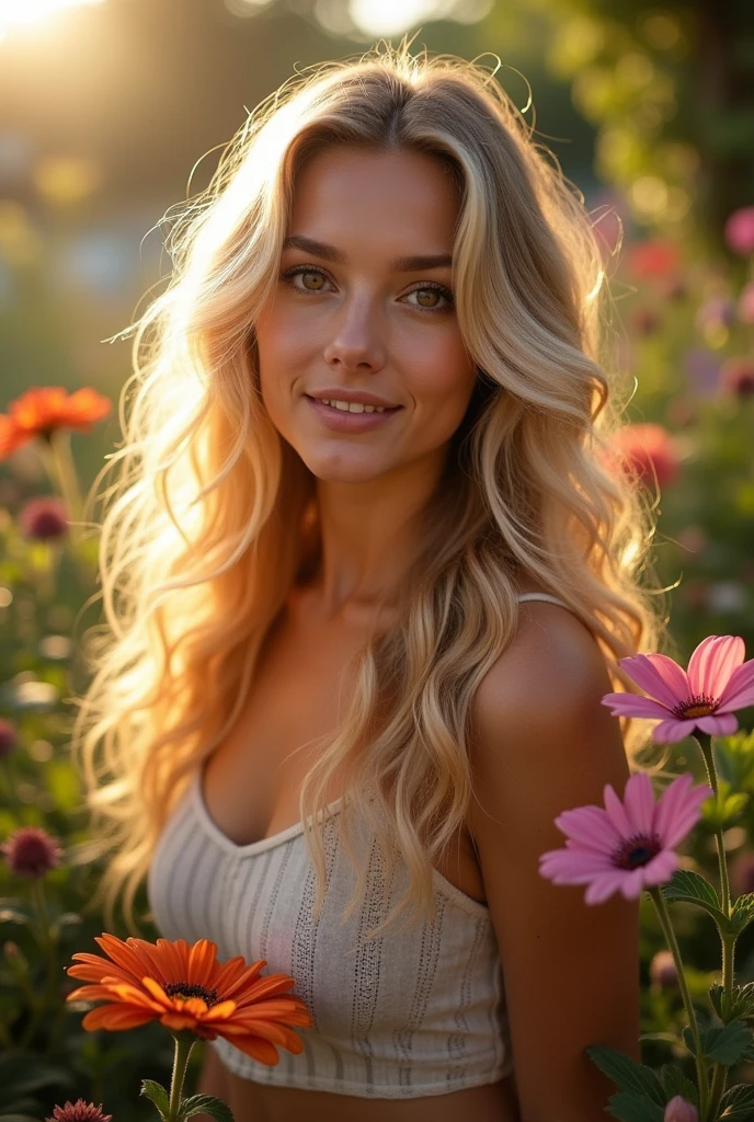 Woman 25 years old. curly blonde hair. amber eyes. Round face and defined chin