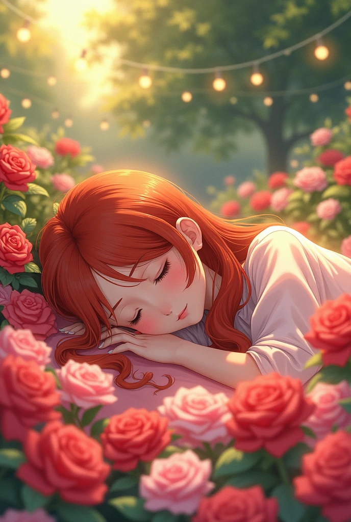 An anime picture showing a red haired girl sleeping in roses