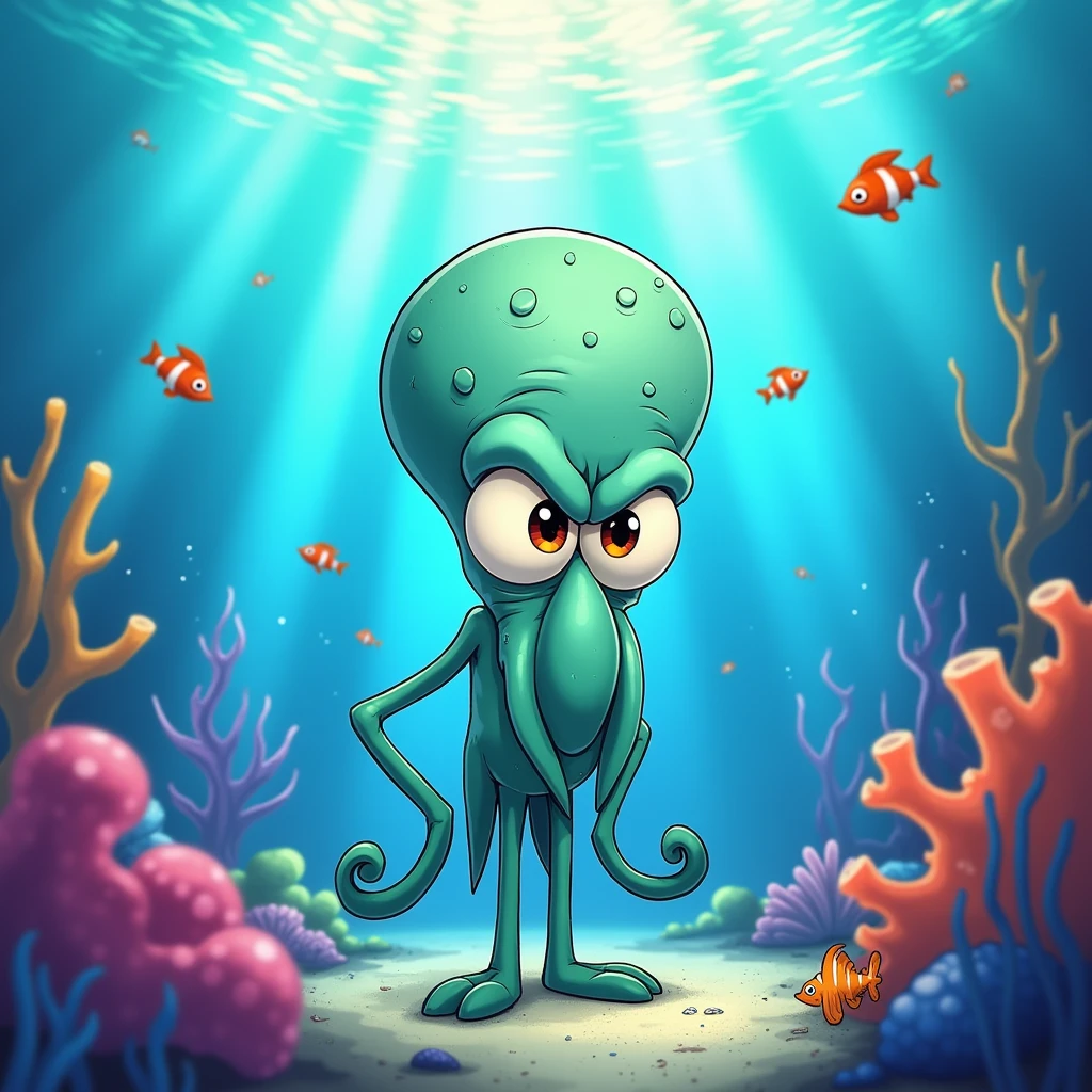 Draw Squidward Tentacles angry looking at the viewer, under the sea