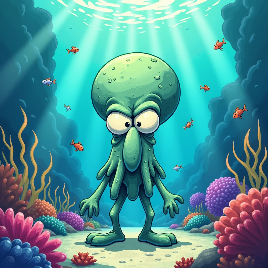 Draw Squidward Tentacles angry looking at the viewer, under the sea