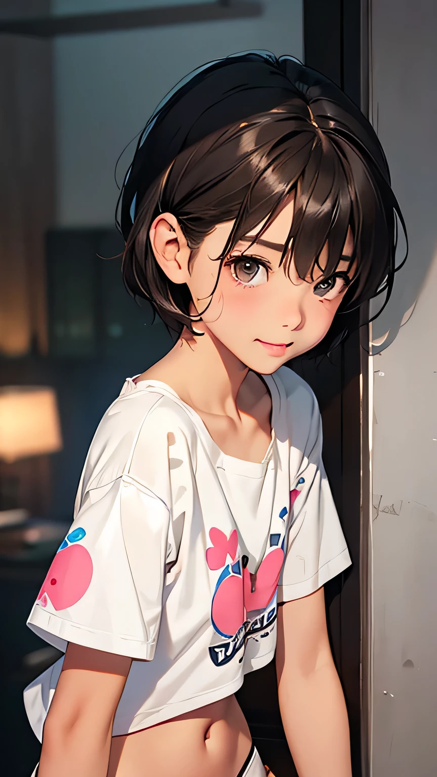 Highest quality、Realistic、、zoom、Young、Girl、look up、cute、Light grey eyes、Black Hair、short hair、Tanned brown skin、Dark Skin、Character printed bra、Character printed panty、Shy laugh、Flat Chest、Bust Shot、thin、Changing clothes、Stripping scene