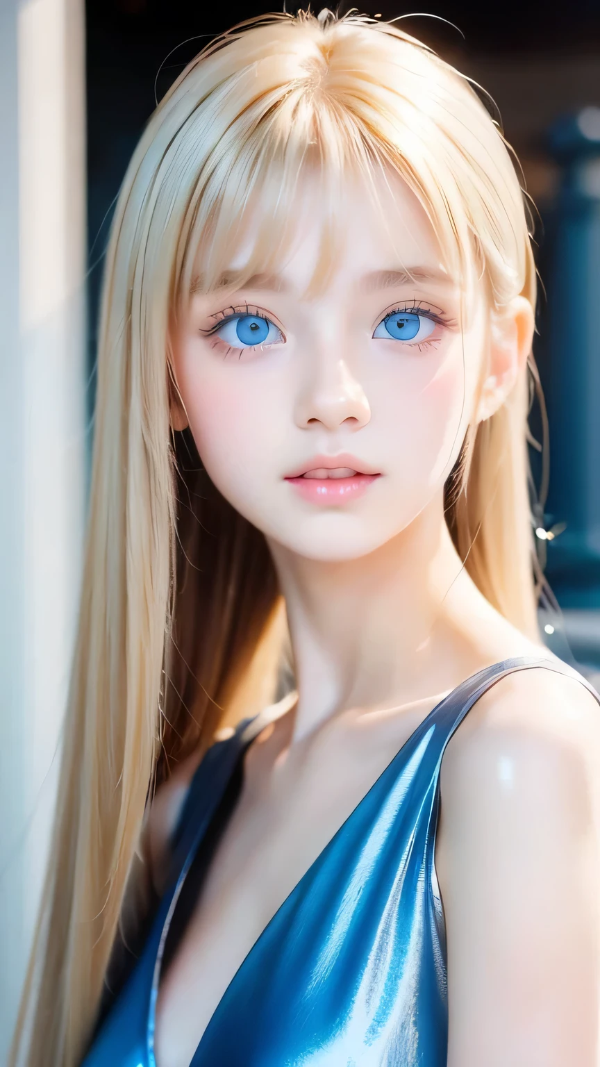 Portrait、、bright look、ponytail、bangs between eyes、bangs on the face、Young, shiny, white, glossy skin、gross face、cheek gloss highlight、best beauty、blonde reflection、Platinum blonde hair with dazzling highlights、shiny bright hair,、super long silky straight hair、Shining beautiful bangs、Attractive, beautifully shining, very bright, light blue eyes、very big eyes、Very beautiful nice cute beautiful girl、rich bust、small face beauty、