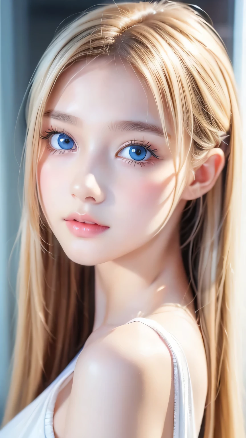 Portrait、、bright look、ponytail、bangs between eyes、bangs on the face、Young, shiny, white, glossy skin、gross face、cheek gloss highlight、best beauty、blonde reflection、Platinum blonde hair with dazzling highlights、shiny bright hair,、super long silky straight hair、Shining beautiful bangs、Attractive, beautifully shining, very bright, light blue eyes、very big eyes、Very beautiful nice cute beautiful girl、rich bust、small face beauty、