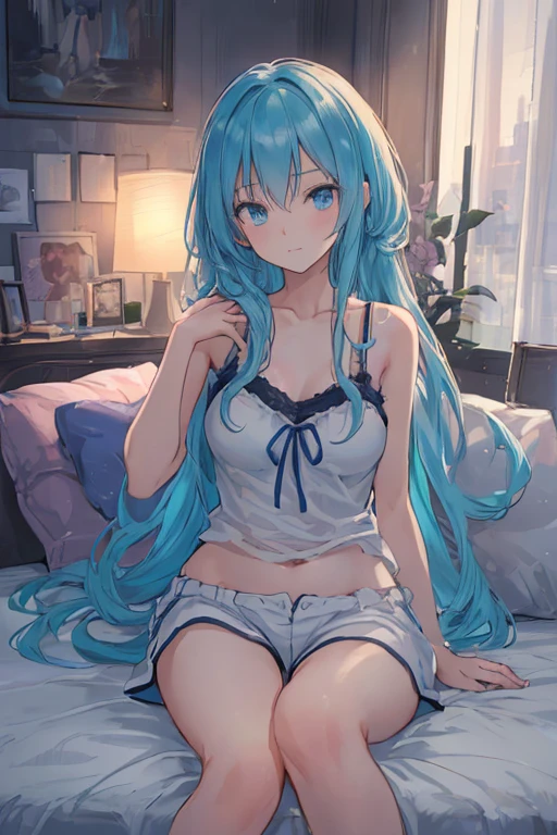 (masterpiece), best quality, expressive eyes, perfect face, light blue hair, very long hair, hair ornaments, light blue mini skirt, medium ,  medium thighs, straight hair, french braid, bed, small light blue bra, flexible , underpants, shy, knees up, under ass, small bra