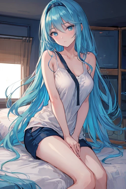 a beautiful young anime girl with long aqua blue hair and a headband, wearing navy blue shorts, wearing a white t-shirt, laying on a bed in a bedroom, (best quality,4k,8k,highres,masterpiece:1.2),ultra-detailed,(realistic,photorealistic,photo-realistic:1.37),intricate details,extremely detailed face,beautiful detailed eyes,beautiful detailed lips,longeyelashes,dynamic pose,warm lighting,soft pastel colors,anime style