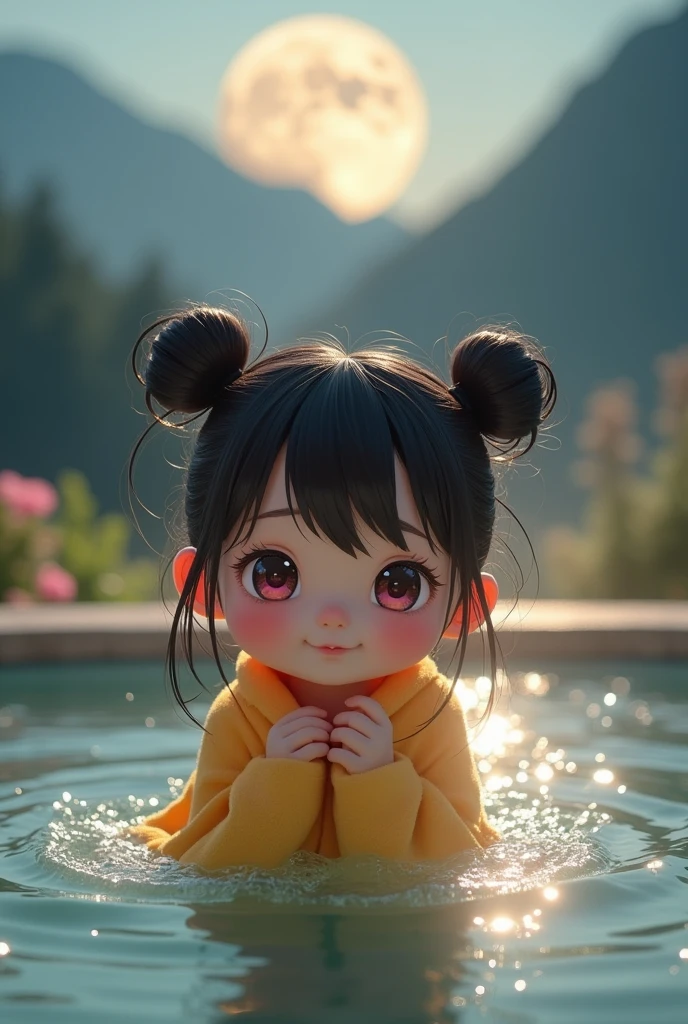 cute a bit ,(((a bit ,Tiny little body,,Little))),((())),((a bit with extremely cute and beautiful Black Hair)),(Baby Face), (Round face),Bit Girl,small ,smallアンダーバスト,
(((Flat Chest))),(((Black Hair:1.5,Chiban,Double bun hair,Inner hair color,Ear breathing))),((Heterochromia iridis:1.5, (pink_eye and gold_eye))),Complex eyes,beautiful detailed eyes,symmetrical eyes,big eyes:1.5,(((Shiny skin:1.5,Light Skin: 1.5,Sunburned skin,Glowing Skin,very Glowing Skin,Shiny body,Plastic Glitter Skin,exaggerated Glowing Skin,Glowing Skin,Wet legs))),(Detailed body,(Detailed face)),
cute,Lewd,erotic,((Browsing Caution)),
((Wrap a small bath towel around your body)), (Wet Hair, Wet Skin) and (vapor),(((Naked under the towel))),
(Dynamic pose:1.0),Embarrassing,(Centered,Scale to fit dimensions,Three-part method),
Open-air bath,hot spring,hot springの池,Rock bath,full moon,Mountain in the background々,stream,The hot spring is vaporing,at night,scenery,extremely scenery,
(Shiny Asian ornaments),High resolution,Sharp focus,(Super detailed,Very detailed),(Photorealistic artwork:1.37),(Very detailed CG unity 8k wallpaper),(((Vibrant colors,Vibrant Themes))),(Complex),(masterpiece),(Highest quality),Artistic photography,(Photography by sldr),(Complex background),perfectly rendered face,Perfect facial details,Realistic Face,Photorealistic,((Complex detail)),(((realism))),