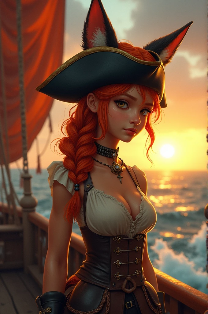 A tall girl with brown skin and orange hair in a long braid, she wears a black necklace with a pearl in the center, She has fox ears and is a pirate