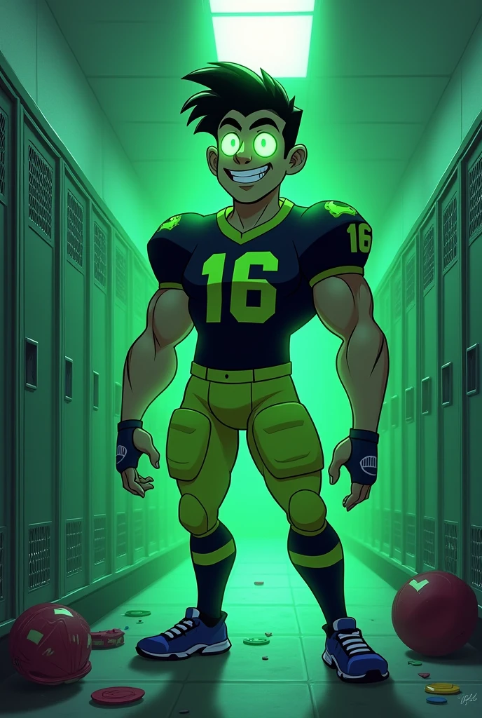 Tucker Foaley from Nickelodeon's Danny Phantom TV show, Danny Phantom, ghost, hypnosis, jock assimilation, Animated TV show, digital painting, conversion, locker room hallway, hyper muscles, jockstrap, bro, meathead, hypnotized, brainwashed, brainwashing, big dumb jock, football. Tucker Foaley is hypnotized by Dash to assimilate and become another dumb cocky smirking fitness-obsessed meathead bodybuilder football jock bro. Glowing green eyes. Hyper crotch bulge. Massive bulging crotch. Big balls. Big biceps. Big triceps. Big traps. Broad shoulders. Big meaty pecs. Big thighs. Thick glutes. Football team assimilation. Black hair. Deep dull voice. glazed expression. dumber and dumber. Open mouth. Clothes turning into a football uniform. Forgetting. Number 16 on his football uniform. IQ drain. Mindless. Brainless. Brute. Brutification. "I feel like I ... I ... I'm a ... I'm a .... Yes, ... just a meathead jock.... just muscle ... and meat.... Bro.... I am a meathead.... I am a bro.... I am a jock.... I am a meathead.... I am a bro.... I am a jock.... Anything you say, Dash.... Obey ... the QB.... I am a jock. I am a meathead.... I obey ... my QB." 