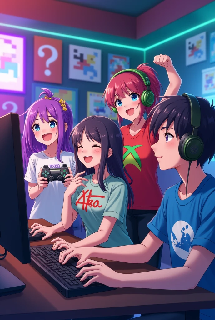 Une fille avec le logo Playstation, un garçon avec le logo Xbox, une fille avec le logo Nintendo, et un garçon avec le logo steam pourtant sur ses mains un ordinateur portable et un casque sur la tête anime