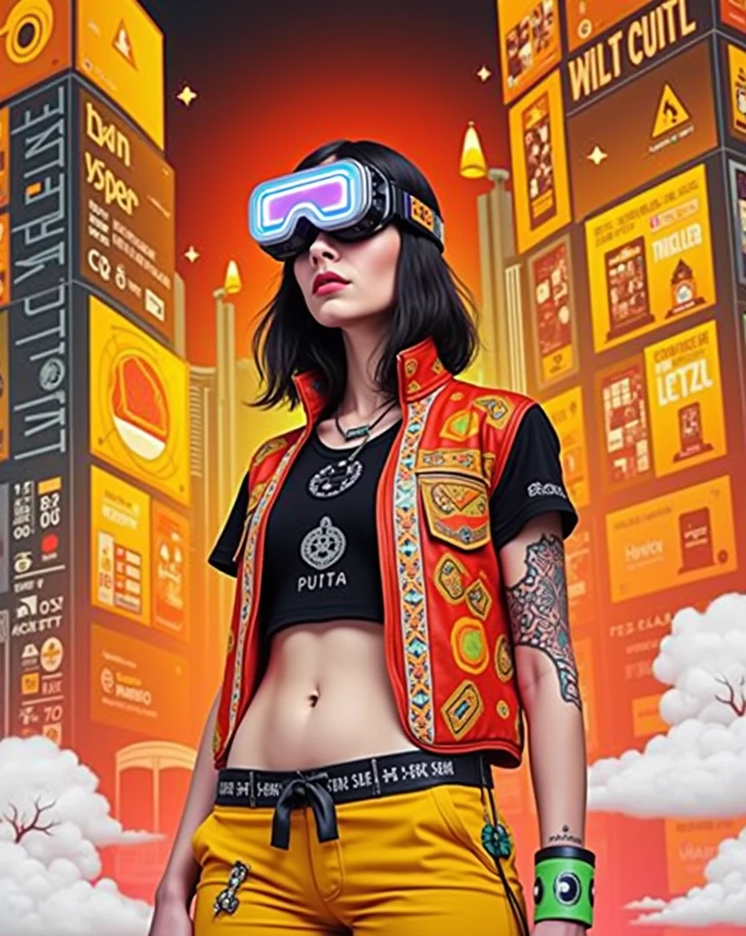 Urban cyberpunk retrofuturistic clothing with influences from Amazonian indigenous art.