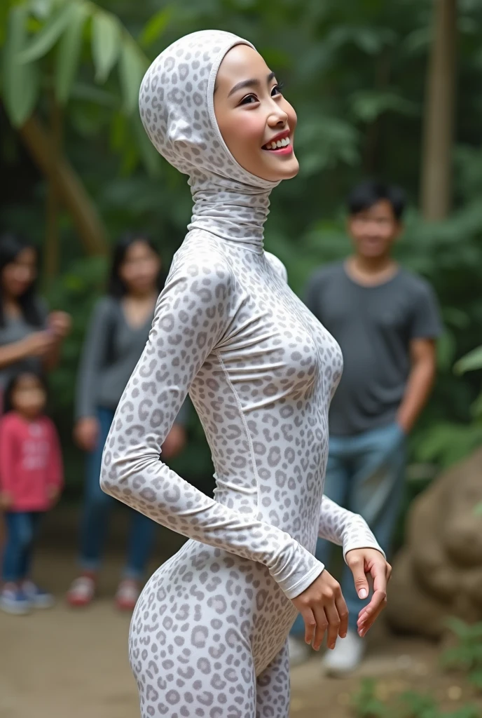 The beautiful Chinese flexible adult girl with beautiful cheeks wears white leopard print full lycra dancewear turtleneck unitard catsuit.She wears white leopard print lycra elastane dancewear hijab-like zentai hood.She is happy to perform contortion performance in the zoo.