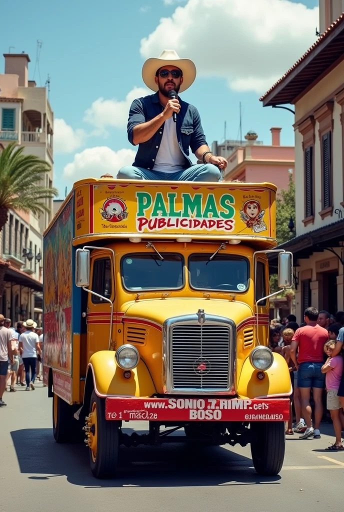 SOUND TRUCK PICKUP TRUCK WITH PROPAGANDA TRIO WITH NAME "PALMAS PUBLICIDADES" WITH ANNOUNCER HOLDING MICROPHONE AND WEARING COWBOY HAT , 
