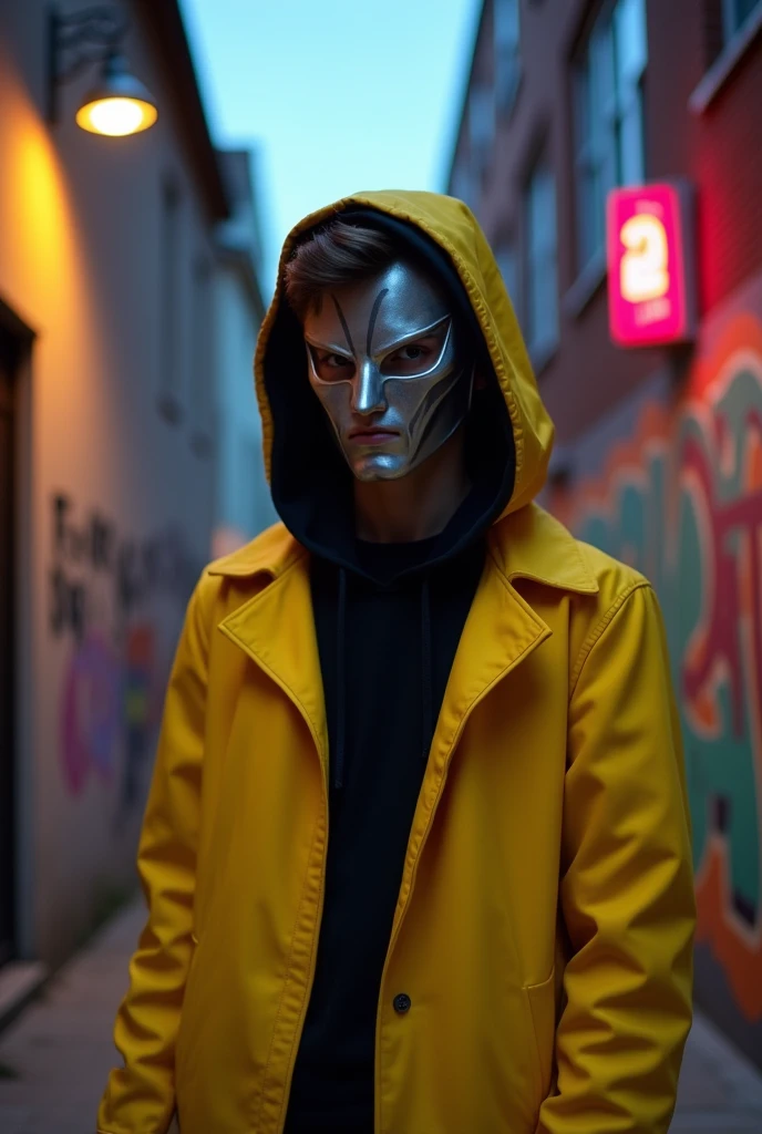 A ager with a mask, wearing yellow and black clothes.