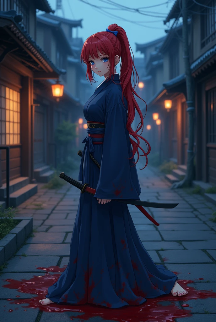 An anime woman in a kimono, with blue eyes, long red hair in a ponytail, a grey hakama, and a blue robe. She has a katana at her left hip, is flat-chested, and has a blue ribbon in her hair. It is nighttime, and the streets of Kyoto are very dark. She is in the midst of a fight, covered in the blood of her enemies. The woman, a swordsman named Hiten Mitsurugi-ryu, has her head down and is biting her lower lip. Her eyes are devoid of life, and she stands tall.