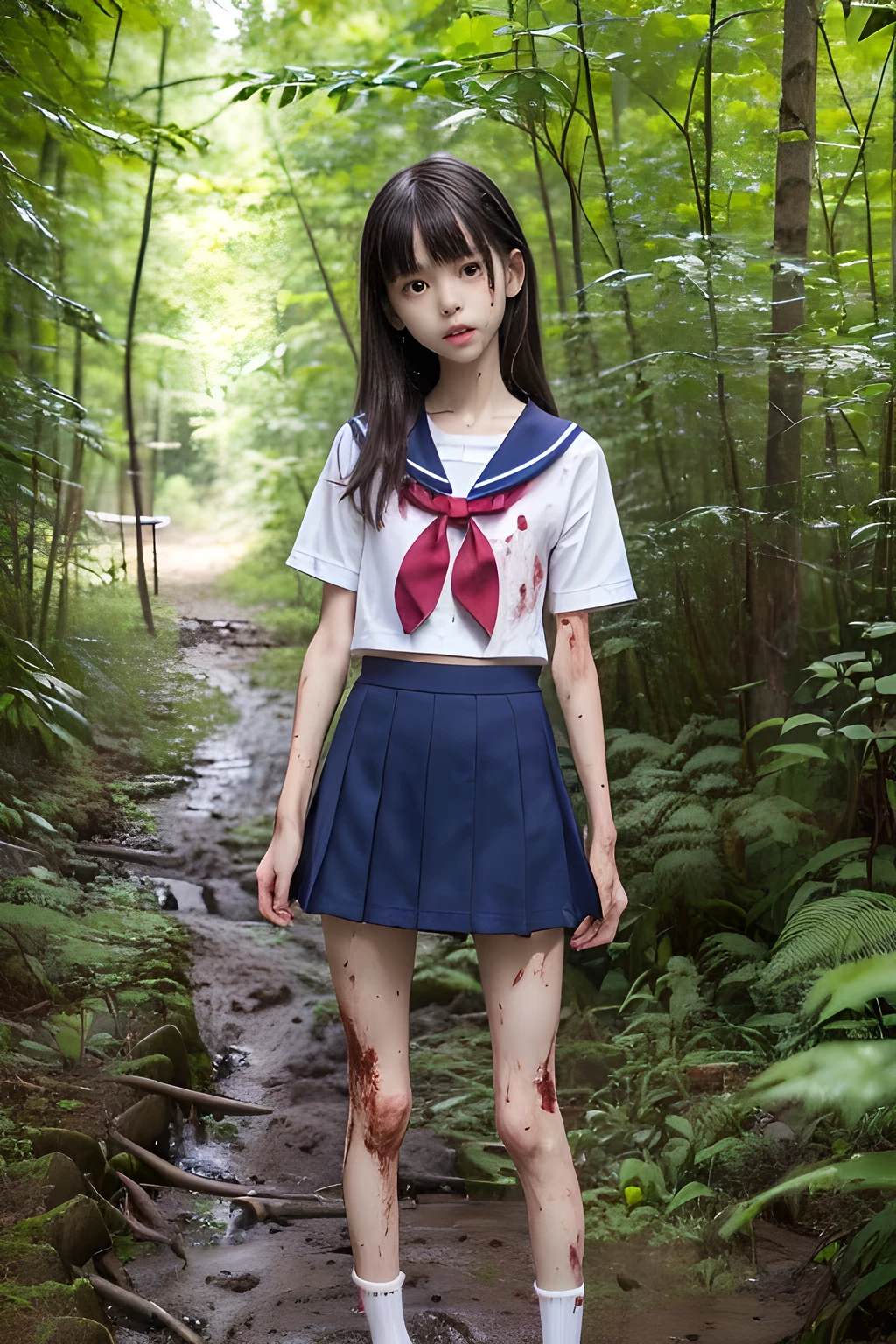 (8K、RAW Photos、highest quality、masterpiece:1.2), (Realistic、Photorealistic:1.2), (High resolution skin:1.1), Beautiful young girl,japanese, 13 years old,small breasts,(Slender girl:1.4),(Thin legs:1.5),dark blue mini skirt,sailor suit, (White high socks), Short sleeve,sneakers, whole body,forest,standing,(muddy:1.2),(wounds,bloody legs:1.3)