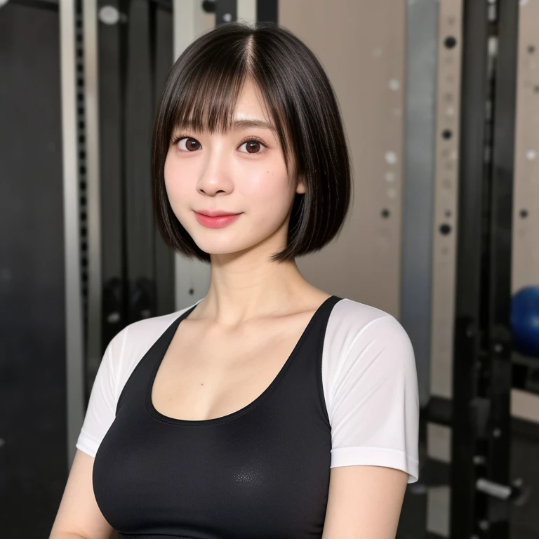 (kawaii 24 year-old Japanese girl, Nogizaka idol, Korean idol), healthy female athlete body, (glossy black hair, short hair, pixie cut, bangs:1.3), (rounded face, pure black eyes, single eyelid, no makeup, soft smile:1.2), (wearing training shirt, grey sports leggings:1.3), extra small breasts, well shaped hip, (slim waist, thigh gap:0.9), BREAK, (sports gym background:1.3), (looking at viewer, close shot:1.2), view from side, BREAK, (masterpiece, best quality, photo realistic, official art:1.4), (UHD, 8K quality wallpaper, high resolution, raw photo, golden ratio:1.3), (shiny skin), professional lighting, physically based rendering, award winning, (highly detailed skin, extremely detailed face and eyes, anatomically correct body), Carl Zeiss 85 mm F/1.4, depth of field, 1girl, solo,