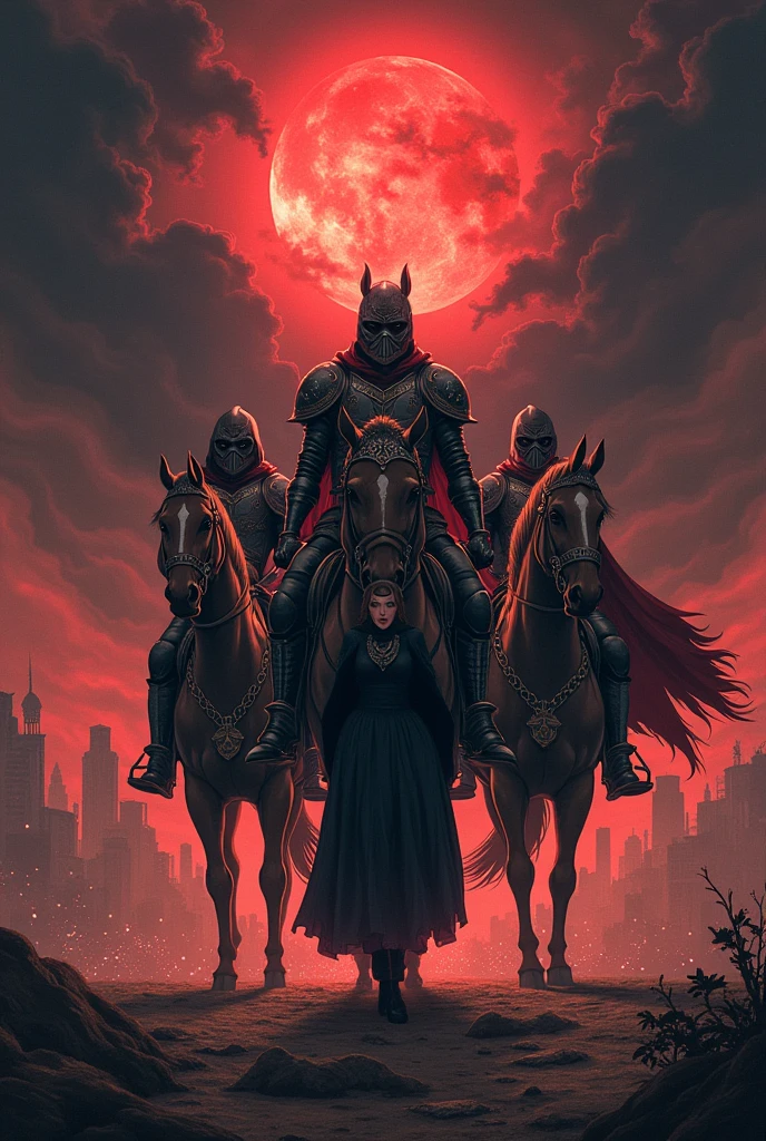 An anime-style illustration of the four horsemen of the apocalypse. It is not possible to see the characters' faces. Of the 4 characters, 3 are men and 1 is a woman.