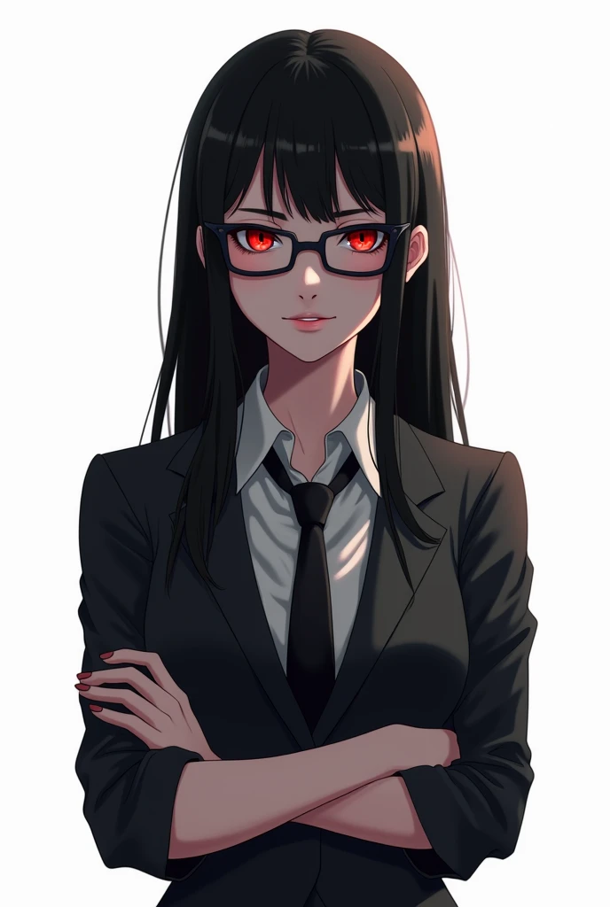 Better quality, mean, beautiful woman face, sadistic smile, square glasses, dominant, red eyes, anime style, long black straight hairs with bangs, pale fair skin, crossing arms, white backgrounds, scary, no eyes glowing, horror