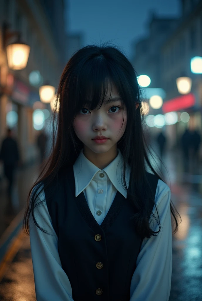 A girl with long black hair down with a side bang covering her eyes as clear as the sky, a serious expression in a school uniform, a white dress blouse with one button unbuttoned with a vest over it. I was on the street. the night was cold making your cheeks a little pink.
