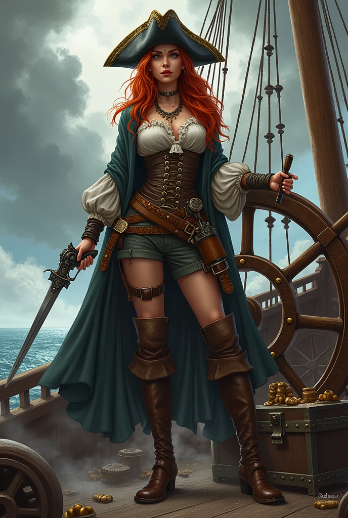 steampunk fanart of an imposing pirate woman, with wavy red hair that falls to her waist and blue eyes. Her skin is marked by the sun and by scars. She wears a cloak, practical clothes, tall boots, and of course, his hat, two pistols and a long sword besides ammunition in the chest