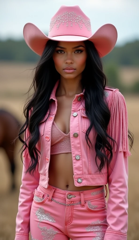 best qualityer, 8k. Extremely beautiful woman, country girl. She's wearing pink flared jeans with glitter., a pink jacket with sparkly fringes, and it's a pink hat with glitter. Their hair is black and long, bringing a modern and stylish touch to the country look." She is centered in the middle of the photo looking directly at the camera..