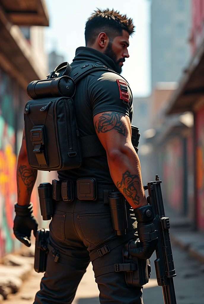 A male character from the game Free Fire, with his back turned, holding a gun.