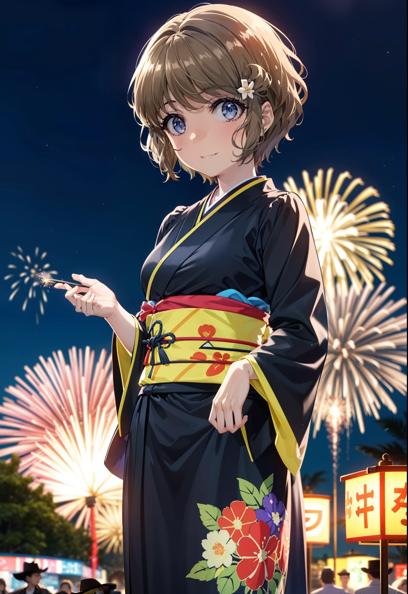 tomoekoga, Chie Koga, short hair, Brown Hair, blue eyes, Flower Hair Ornaments,smile,black kimono,Wide sleeves,日本のFestivalり,夏Festivalりの屋台,Red lantern,Fireworks in the night sky,Fireworks、The place is a fireworks display,Time is night,sunny day,turn around,whole bodyがイラストに入るように
break outdoors,Festival ,
break looking at viewer, whole body,(Cowboy Shot:1.5),
break (masterpiece:1.2), Highest quality, High resolution, unity 8k wallpaper, (figure:0.8), (Beautiful attention to detail:1.6), Highly detailed face, Perfect lighting, Highly detailed CG, (Perfect hands, Perfect Anatomy),