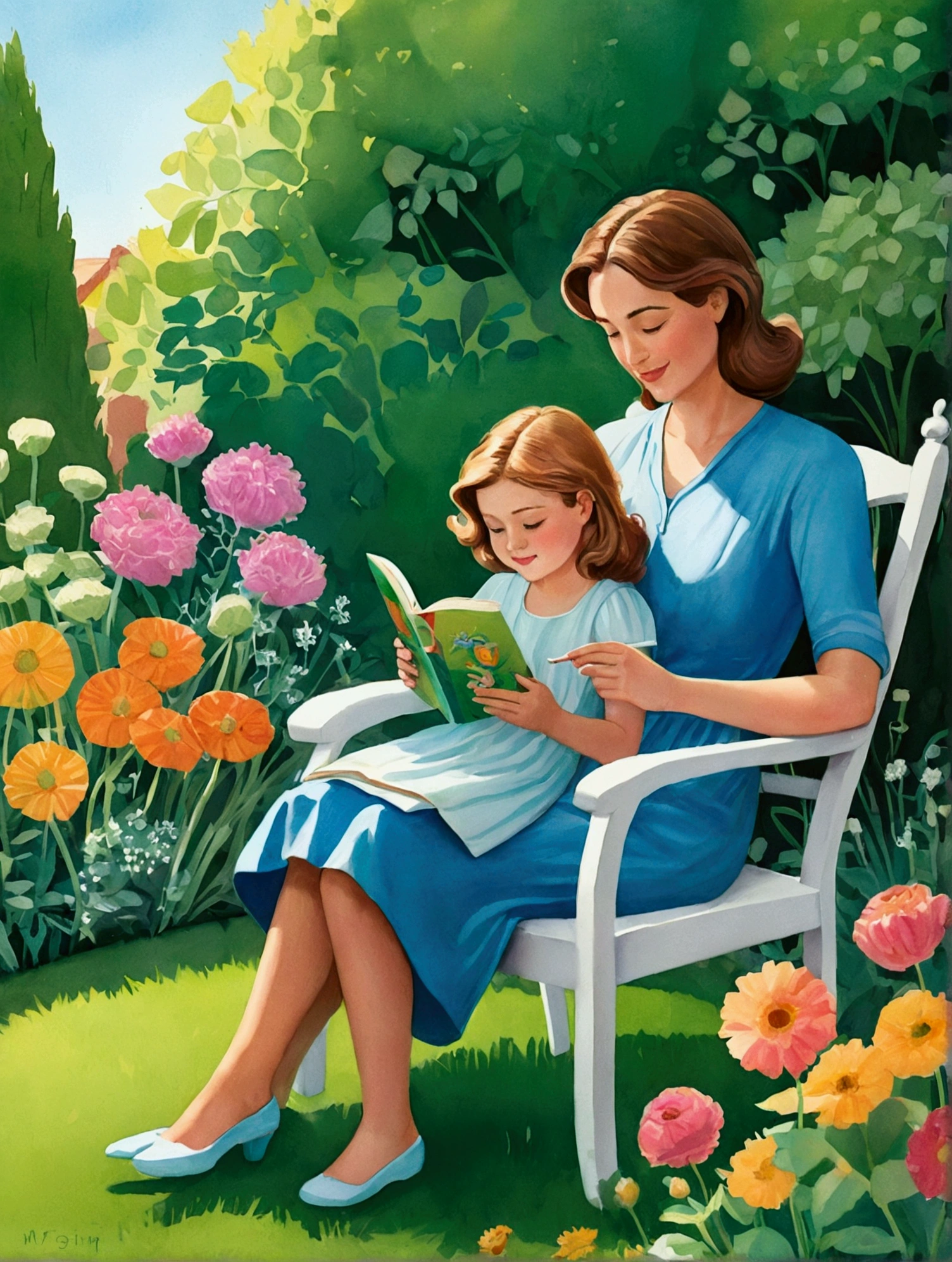 painting of a woman and child sitting in a chair in a garden, children book illustration, children's book illustration, children’s book illustration, story book illustration, colorful kids book illustration, storybook illustation, children's illustration, childrenbook illustration, illustration for children, childrens book illustration, storybook illustration, a storybook illustration, a beautiful artwork illustration