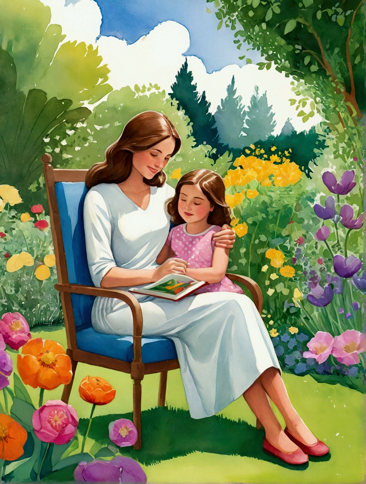 painting of a woman and  sitting in a chair in a garden, children book illustration, children's book illustration, children’s book illustration, story book illustration, colorful kids book illustration, storybook illustation, children's illustration, childrenbook illustration, illustration for children, childrens book illustration, storybook illustration, a storybook illustration, a beautiful artwork illustration