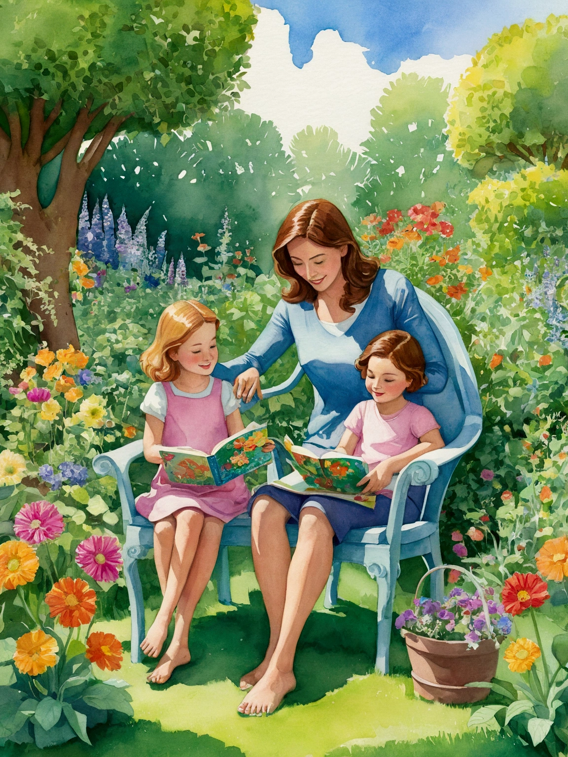 painting of a woman and child sitting in a chair in a garden, children book illustration, children's book illustration, children’s book illustration, story book illustration, colorful kids book illustration, storybook illustation, children's illustration, childrenbook illustration, illustration for children, childrens book illustration, storybook illustration, a storybook illustration, a beautiful artwork illustration