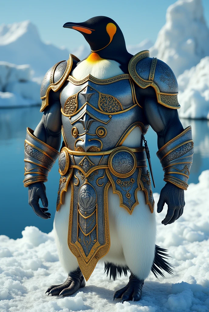 Image of a super muscular penguin with strong arms and women's gladiator armor
