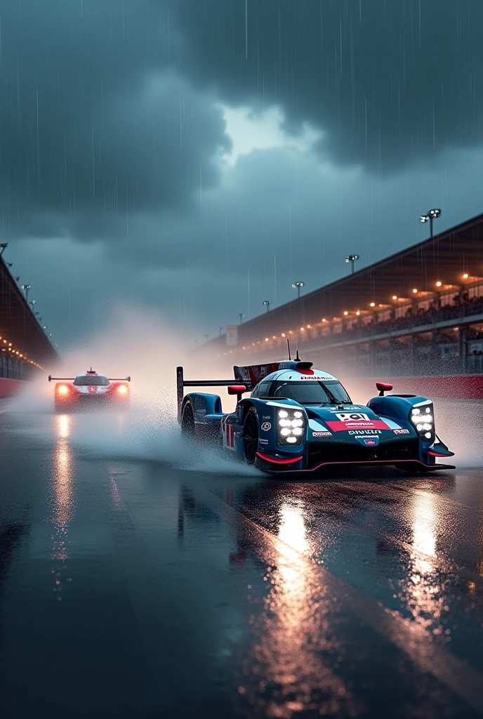 Nissan GTR LM Nismo versus Toyota GR010-Hybrid at Le Mans in the rain