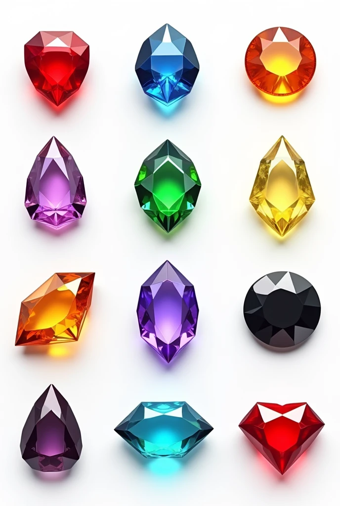 Nine gems of various colors, arranged in rows on a white background, 3D drawing style, view from above, bright coloured, standardized sizes and shapes
