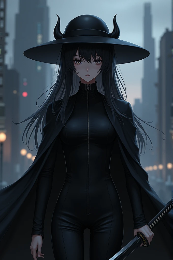 "A digital illustration of an anime character with a dark, gothic style. The character wears a black wide-brimmed hat with small horns, has long black hair with a slightly messy texture, and is dressed in a sleek, black outfit with a high-collared cloak. They carry a katana at their side, and have a serious expression on their face. The background is a dark, futuristic cityscape with muted tones, adding to the character's mysterious and intense vibe. Lighting is soft and diffused, enhancing the dark and moody atmosphere."