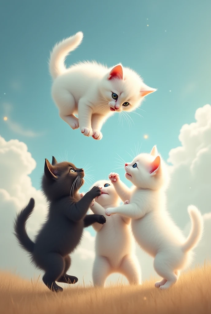 Imagine three cute kittens. Two of them are white, com pelagem macia e olhos brilhantes. The third one is black, with a mysterious gleam in his eyes. They are playing together, happy and lively.sada, for the kitten in the sky, visualize a soft blue background, with fluffy clouds and a gentle glow. The white kitten in the sky has a calm and serene aura, as if he were looking lovingly at the siblings who are still on earth. He seems to be at peace and happy, watching the siblings he loves so much.